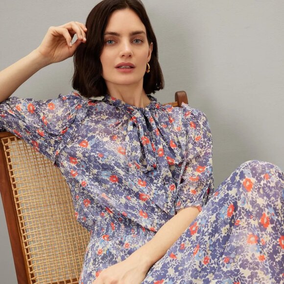 Polo Ralph Lauren Blue Floral Maxi Dress XL Boho-Chic Tie Neck Smocked Waist - Picture 2 of 13